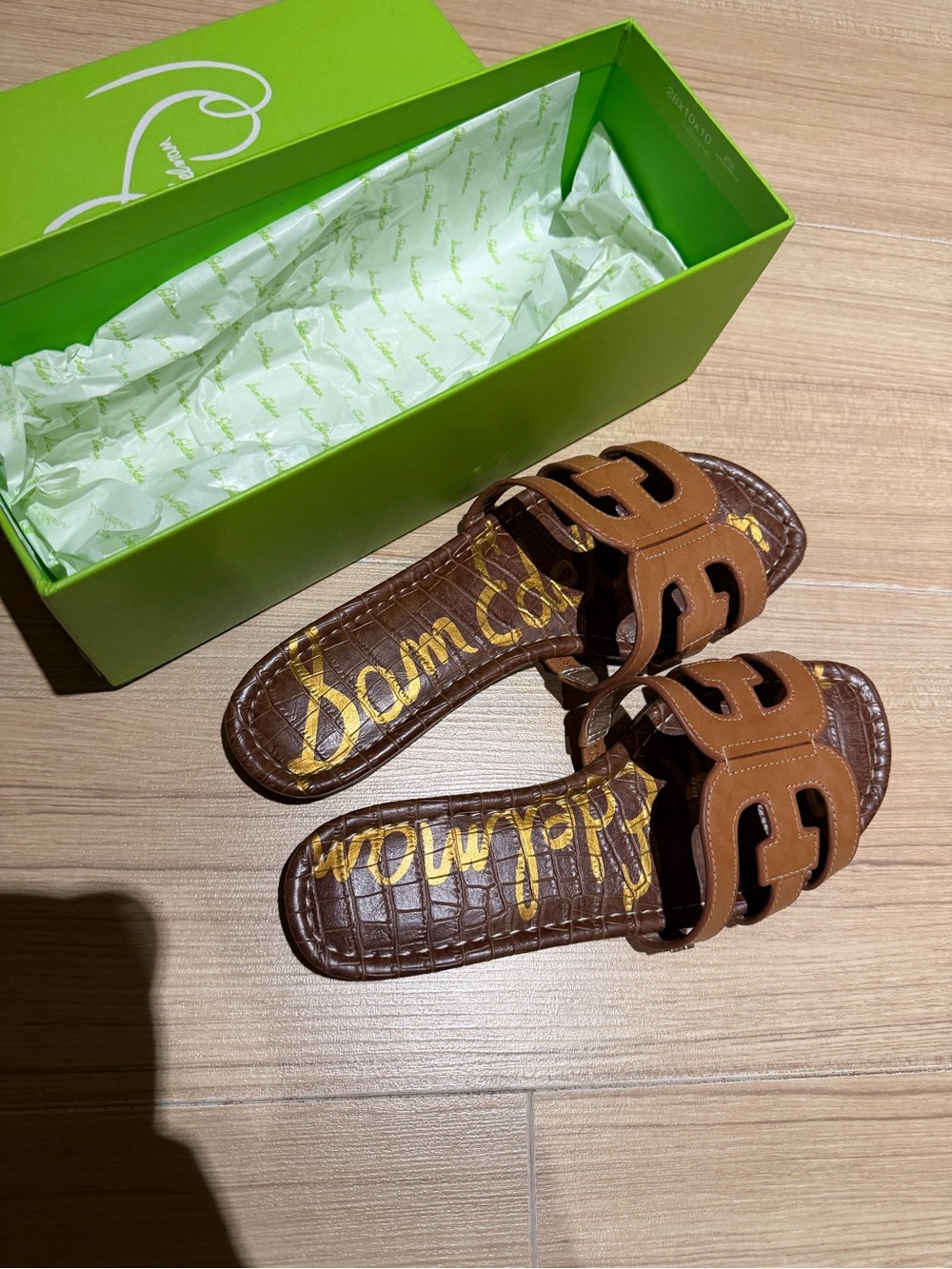 Sam Edelman Brown Croc-Embossed Slide Sandals with Tan Strap